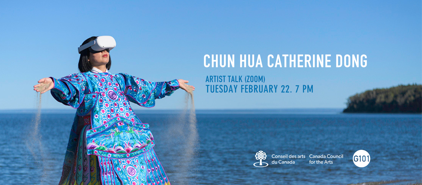 Banner featuring a photo of Chun Hua dressed in an ornate Beijing opera costume and wearing a VR headset.  They are on a beach with water in the background.  Their arms are outstretched and sand is falling from their hands.